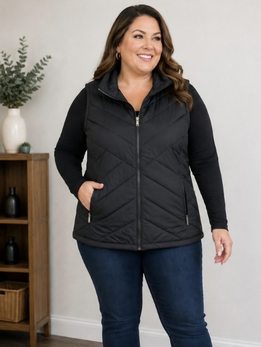Free Country Black Quilted Puffer Vest Diamond Stitch Zip Front Packable Warm